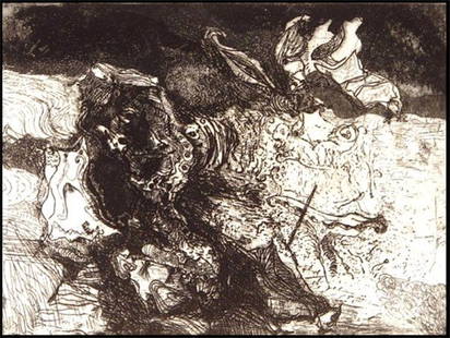 Masuo Ikeda (b. 1934) Japanese: THE NIGHT #2, 1957, etching, signed & dated in pencil, image 6 x 8", sheet 8 ½ x 9 ¼", framed.