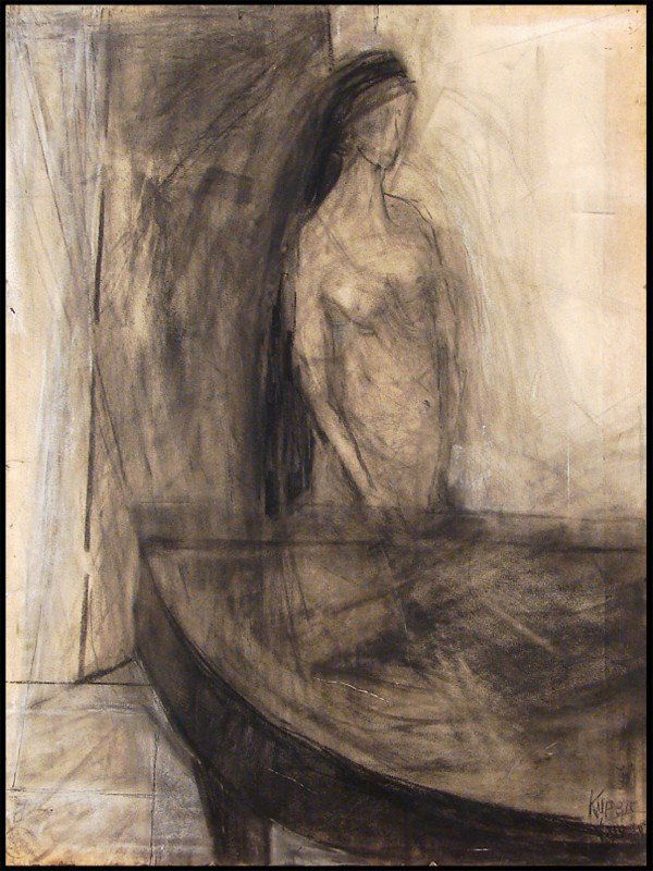 Rose Kuper (1888-1987) American: WOMAN AT PIANO, color pastel on paper, signed lower right, 25 x 18 ¾", framed with glass, studio pinholes, small edge tears and losses, soft creases, otherwise in good condition.