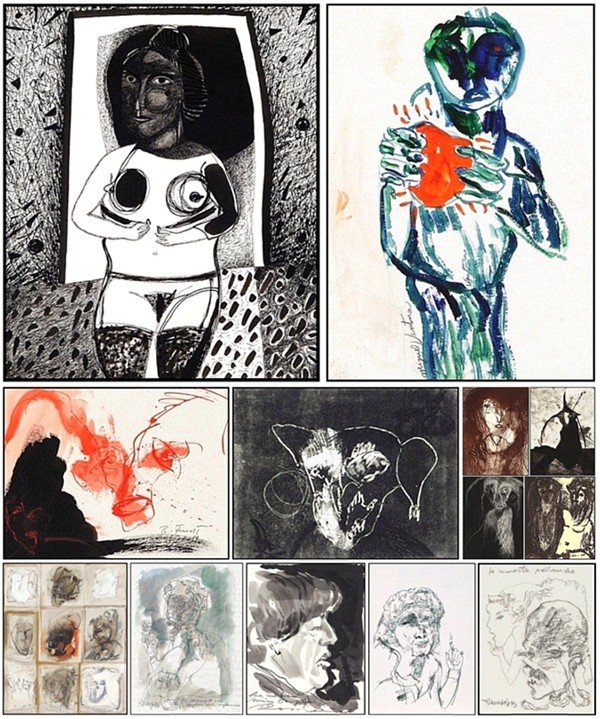 Trago Manuel & Manuel Ventura & Contemporary Schoo: VIANA DO CASTELO, PORTUGAL, 1987, ink painting on paper, signed and dated lower center, 9 x 7 ½", matted; Together with Manuel Ventura, UNTITLED, gouache on Crescent board, signed lower center, 13 x 