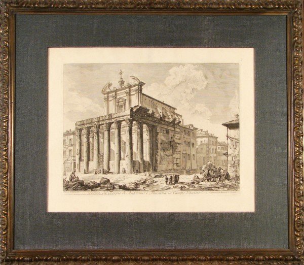 Giavanni Baptista Piranesi (1720-1798) Italian: VEDUTA DEL TEMPIO DE ANTONINO E FAUSTINA IN CAMPO VACCINO, 1758, etching, image 16 x 21 ½", full margins, framed with glass, flattened center crease as issued, printer's creases in margins, a few spe