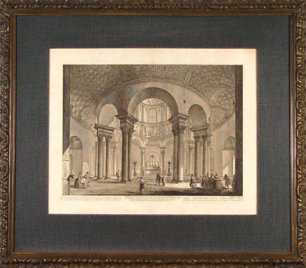 Giavanni Baptista Piranesi (1720-1798) Italian: VEDUTA INTERNA DEL SEPOLCRO DI S. COSTANZA, 1756, etching, image 16 ½ x 21 ¾", full margins, framed with glass, flattened center crease as issued, mild tideline stain lower margin, faint discolorati