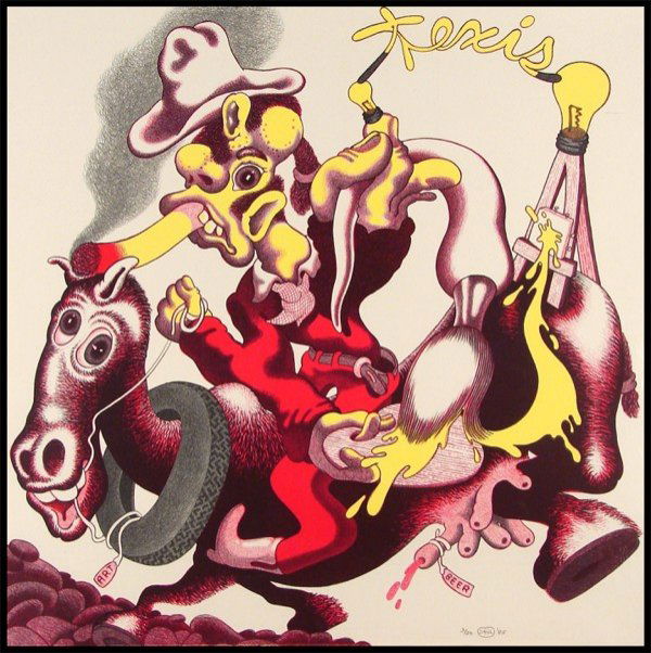 Peter Saul (b. 1934) American: TEXIS, 1985, color lithograph, signed in pencil, from the numbered edition 20, sheet 30 x 30 ¼", printed by Landfall Press.