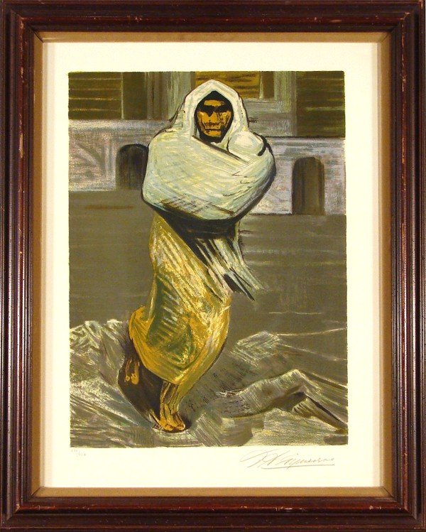 David Siqueiros (1896-1974) Mexican: WOMAN IN JAIL, color lithograph, signed in pencil, from the numbered edition 250, image 21 x 15 ¼", full margins, framed with glass.