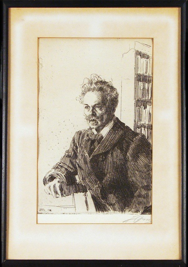 Anders Zorn (1860-1920) Swedish: STRINDBERG (A.231), 1910, etching, signed in pencil and dated in plate, sight 12 x 7 ½", framed with glass, minor cockling, light toning, masking tape around perimeter verso, otherwise in good condit