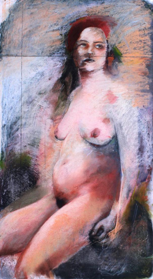 Christopher Brown (b. 1951) California: SEATED NUDE, 1981. Color pastel on two sheets of joined paper, signed and dated lower left, 37 x 20 ¾”, frame 48 x 30 ½”. Provenance: acquired from Gallery Paule Anglim, San Fran