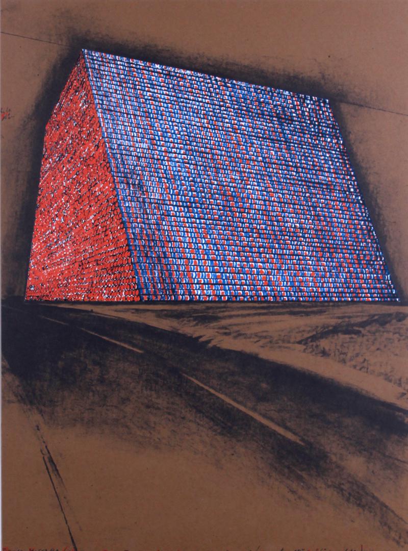 Christo (1935-2020) Bulgarian: TEXAS MASTABA, PROJECT FOR 500,000 STACKED OIL DRUMS (S. 85), 1976, color lithograph and screenprint collage on 1/8” brown board, signed and numbered 151/200 in pencil, printed by Styria Studios