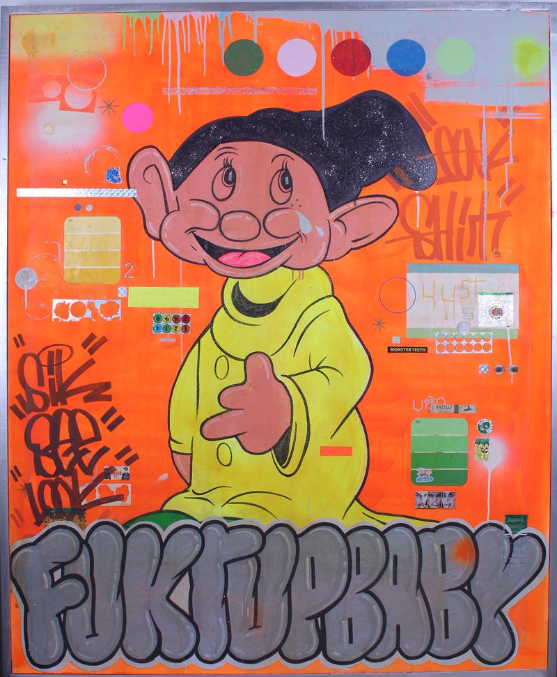 Date Farmers Armando Lerma and Carlos Ramirez (20th/: FUKTUPBABY, 2013, acrylic painting with mixed media collage on wood panel, signed and dated on verso, artist’s frame 62 x 48 x 4”. Provenance: ACE Gallery, Los Angeles; Gallery Price $20,0