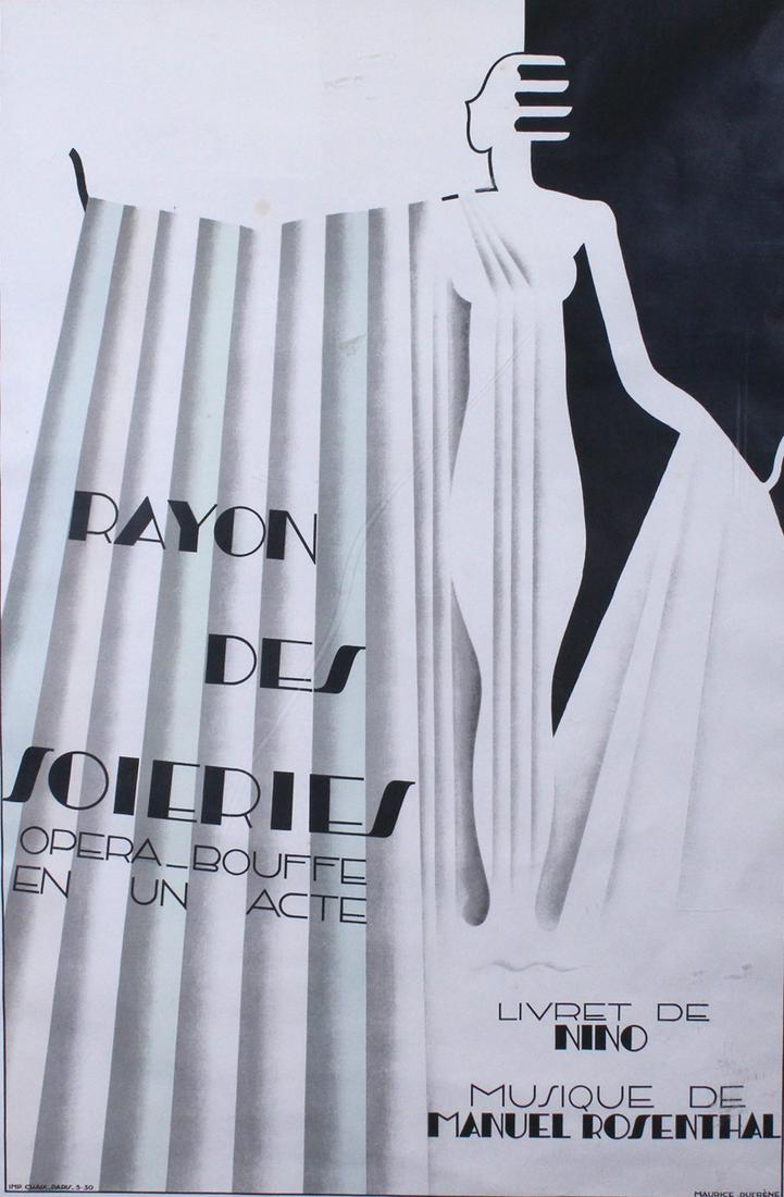 Maurice Dufrene (1876-1955) French: RAYON DES SOIERIES, 1930, color lithograph poster, name and date in the design, printed by Chaix Paris, image 44 x 29 ¾”, full margins, frame 53 ½ x 38 ¼”.