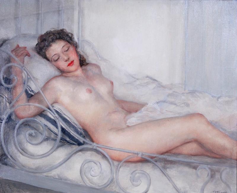 Maurice Ambrose Ehlinger (1896-1981) French: RECLINING NUDE, oil painting on canvas, signed lower right, 23 ½ x 28 ¾”, retains The J. Paul Getty Museum 000398 tag on frame verso, frame 27 x 32”.