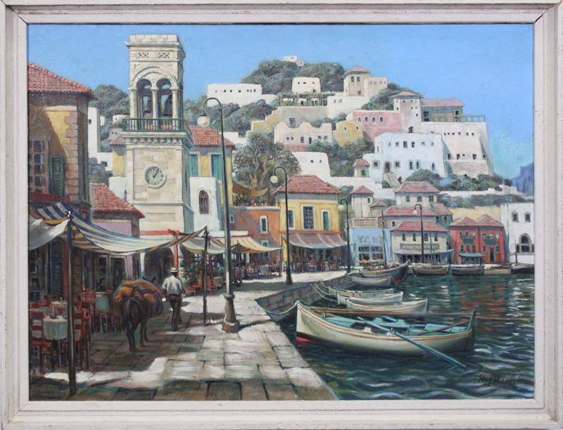 Harper Goff (1911-1993) California: MEDITERRANEAN PORT, 1931, oil painting on canvas, signed and dated lower right, 30 x 40”, frame 34 x 43 ½”. Note: Goff is known for storyboard and amusement park designs, including Di