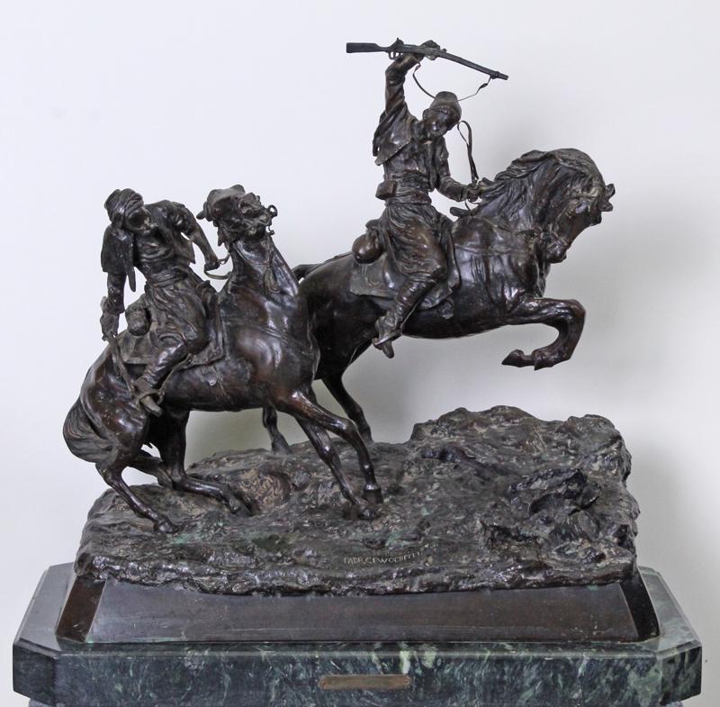 Vassily Grachev (1831-1905) Russian: GALLOPING CHERKESSIANS, 1876, cast bronze sculpture, signed and dated and with foundry stamp Febr. K. F. Woerffel, overall 18 ½ x 19 ½ x 12” including marble base, weight 92 pounds.