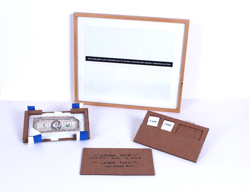 David Ireland (1930-2009) California: $100 DOLLAR BILL CONTRIBUTION, conceptual art with corrugated cardboard carton inscribed in marker “layer one four shims and four pins” and “layer two $100 bill” on cover, laye