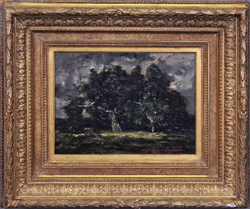 Charles Emile Jacque (1813-1894) French: LES ARBES SOUS UN CIEL D’ORAGE, oil painting on canvas, signed lower right, 9 ¾ x 13”, frame 18 ¾ x 22 ¼ x 3 ¼”. Provenance: Galerie Michael, Beverly Hills; Peron