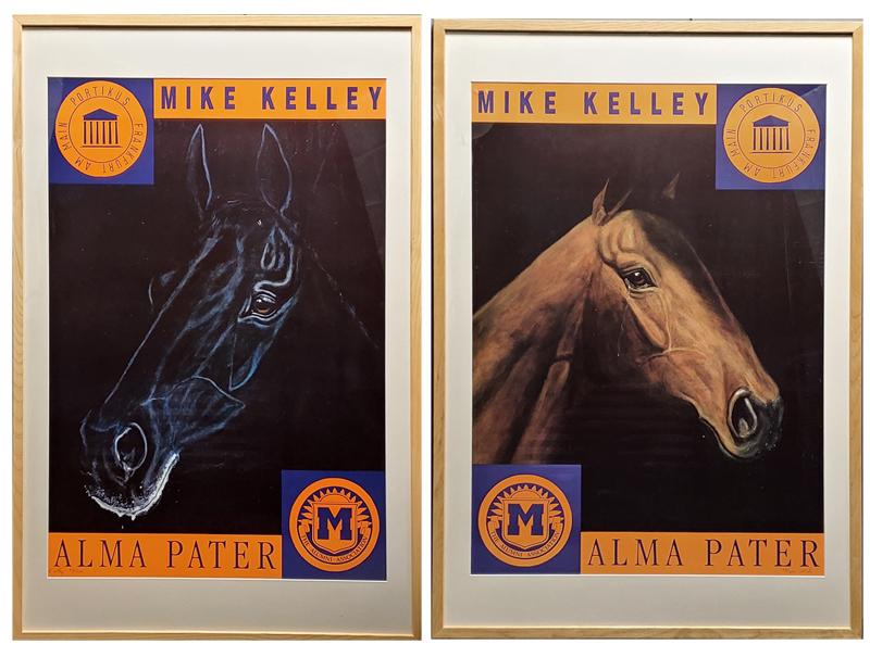 Mike Kelley (1954-2012) California: ALMA PATER, 1992, diptych, each an offset color lithograph, both signed and numbered 33/200 in pen, sights 33 x 23 ¼”, temporary display frames (one with broken thin Plexiglas) 41 x 28̶