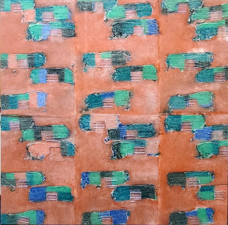 Fabian Marcaccio (b. 1963) Argentinean: GEOMETRICAL PARASITE, 1991, colograph with silicon on canvas, signed and dated and titled on verso, 72 x 74”. Provenance: Stux Gallery, New York.
