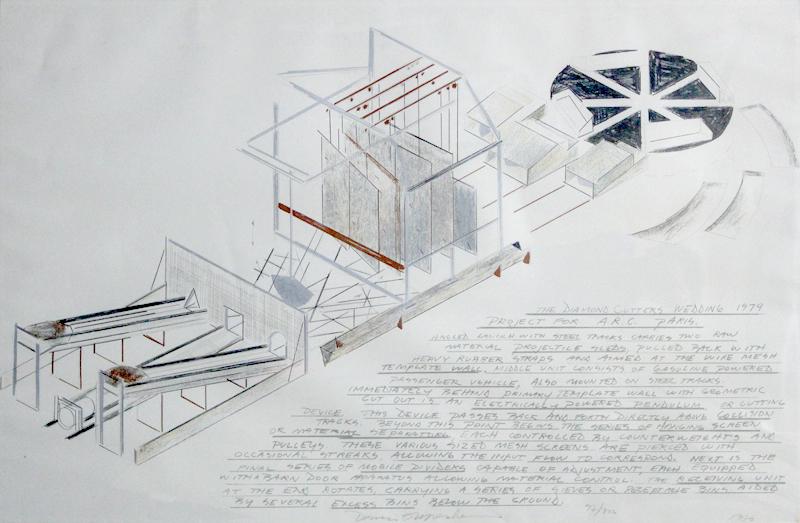 Dennis Oppenheim (1938-2011) New York California: THE DIAMOND CUTTER’S WEDDING, PROJECT FOR A.R.C, PARIS, 1980, color lithograph, signed and dated and numbered 92/200 in pencil, sheet 35 x 50”, frame 35 ¼ x 50 ¼” Plexiglas