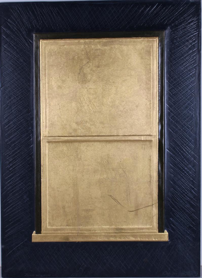 Eric Orr (1939-1998) California: BLIND WINDOW, 1984, gold leaf and paint on incised lead over wood panel, signed and dated lower edge, signed and dated on verso, 24 x 17”.