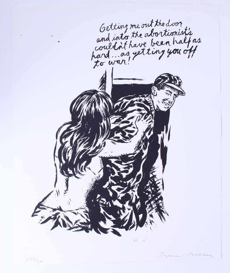 Raymond Pettibon (b. 1957) California: UNTITLED (Getting me out the door), 1994, lithograph, signed and numbered 277/300 in pencil, printed by Hamilton Press with blind stamp lower left, sheet 22 ¼ x 18”, comes with a display fr