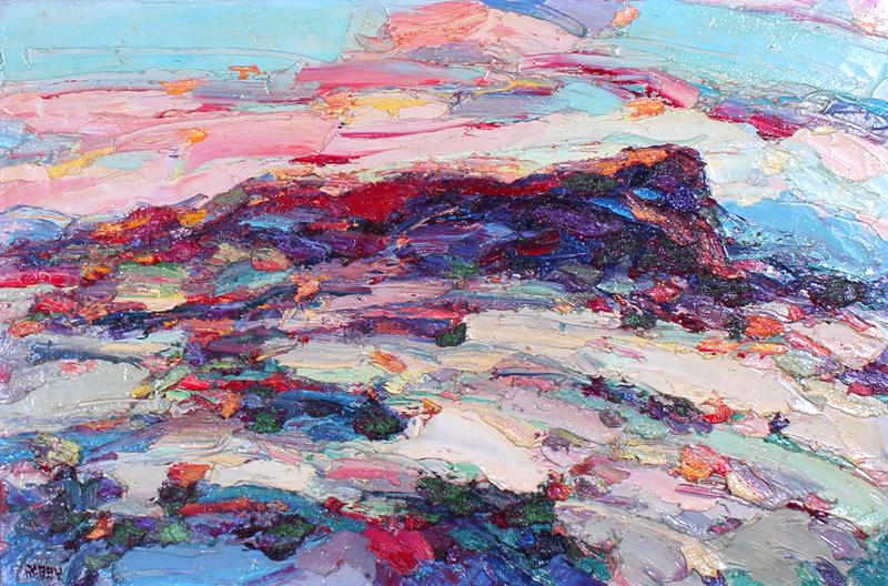 Jim Rabby (20th Century) New Mexico: ENCHANTED MAGIC ABIQUIU, 1991, acrylic impasto painting on canvas, signed lower left, signed and dated and titled on verso, 24 x 36”, fame 37 ½ x 49 ¼ x 3”