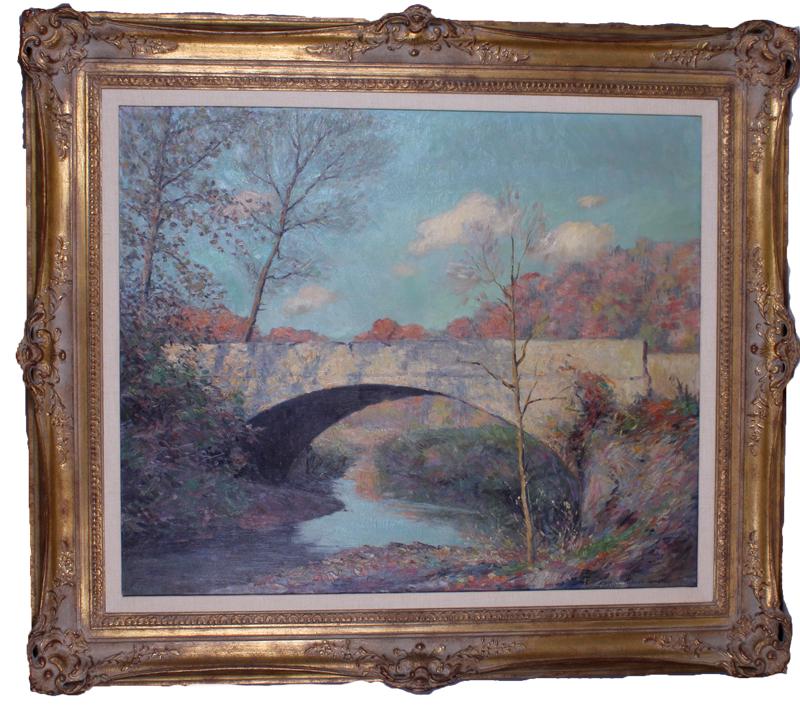 Adolph Robert Shulz (1869-1963) Wisconsin: ON THE ROAD TO NASHVILLE/ THE OLD STONE BRIDGE, circa 1932, oil painting on canvas, signed lower right, 30 x 36”, frame 40 ¼ x 46 ½ x 3 ½”. Provenance Hoosiers Salon Exhibition, January 23rd, -
