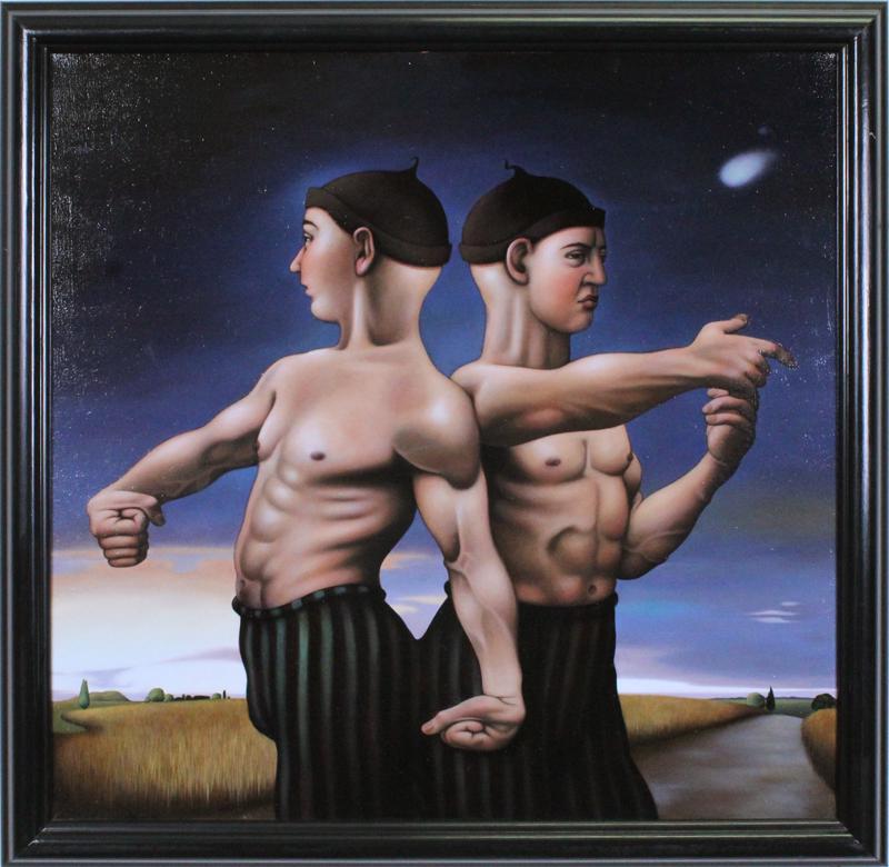Francesca Sundsten (20th/ 21st Century) Washington: SIAMESE TWINS STRUGGLE TO UNDERSTAND THEIR PLACE IN THE UNIVERSE, 1993, oil painting on canvas, signed and dated and titled on verso, 28 x 28”, frame 31 ½ x 31 ½ x 2”. Provenance