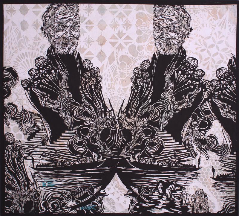 Swoon (b. 1977) American urban street artist: CHOPPER 1977, 2015, die cut stencil collage with acrylic painting on wood, signed and dated and numbered 1/6 in black marker on the verso, 37 ½ x 34”. Provenance: Purchased from Kids for Pe