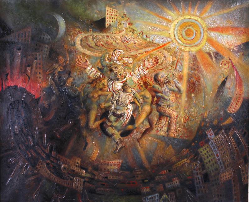 Claude Verlinde (b. 1927) French: LA VILLE DU LA DANSE DES FOUS, 1966, oil painting on canvas, signed lower right, signed and dated and titled on back of stretcher bar, 23 ¾ x 28 ¾Â”, frame 28 ¾ x 33 ½Â