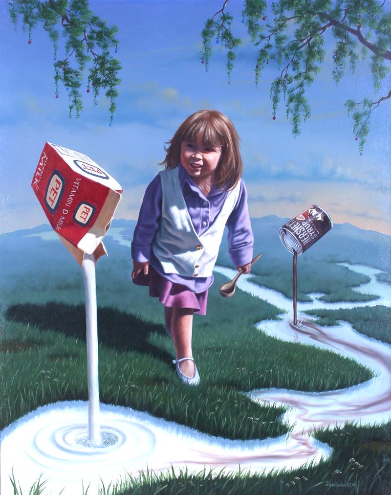 Jim Warren (b. 1949) California: SURREALISTIC VIEW OF LITTLE GIRL, oil painting on canvas, signed lower right, 30 x 24”, frame 41 x 35 x 3”. From the estate of Leonard Katzman, writer and director of hit TV series Dallas,