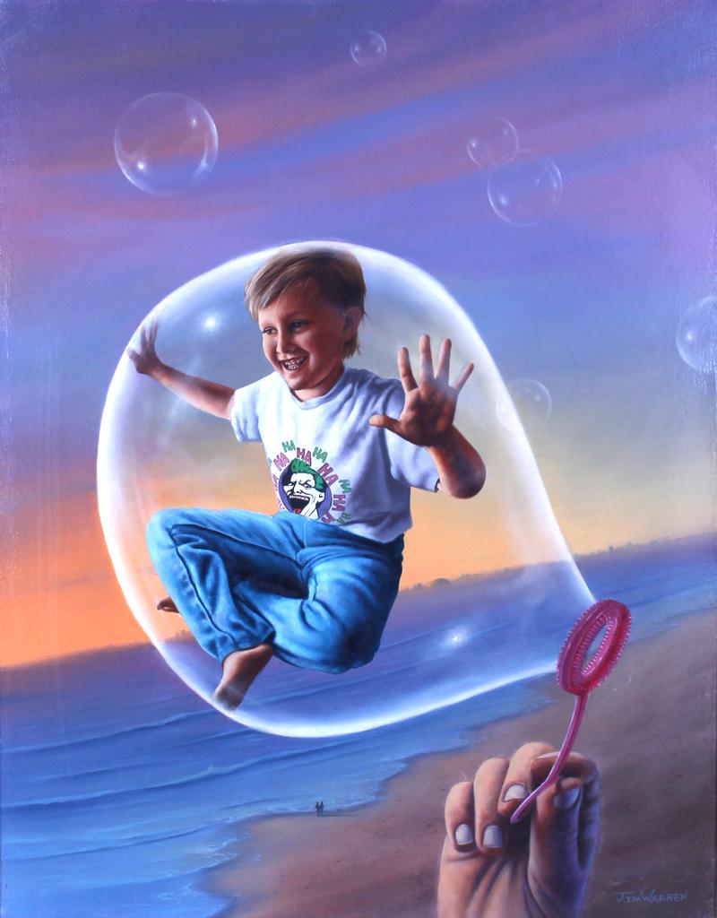 Jim Warren (b. 1949) California: SURREALISTIC VIEW OF YOUNG BOY, oil painting on canvas, signed lower right, 28 x 22”, frame 39 x 33”. From the estate of Leonard Katzman, writer and director of hit TV series Dallas, 1978-