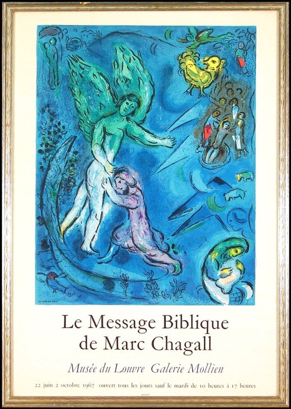 after Marc Chagall (1887-1985) Russian/ French: after Marc Chagall (1887-1985) Russian/ French STRUGGLE OF JACOB AND THE ANGEL (S.p104), 1967, Charles Sorlier color lithograph poster, 28 ¾ x 19 ½", Sorlier calls for 29 x 20", edition of 1000, pri