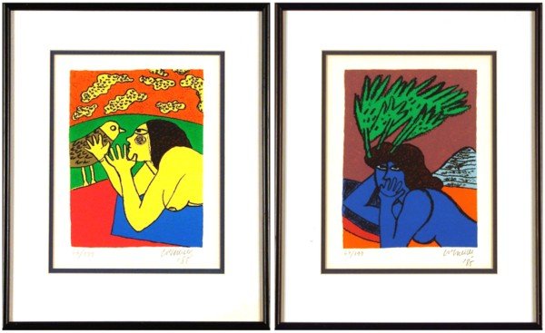 Corneille (b. 1922) Belgium (two): Cornielle (b. 1922) Belgium (two) WOMAN WITH BIRD; WOMAN IN THOUGHT, 1985, two color lithographs, each signed in pencil, from the numbered edition 199, image 8 ¼ x 6 ¼", full margins, framed with gl