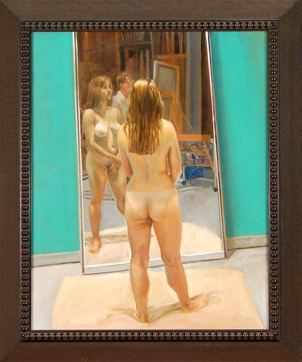 Stephen Douglas (b. 1949) American: Stephen Douglas (b. 1949) American NUDE WITH MIRROR, 1994, oil painting on Windberg Art panel, signed and dated on verso, 16 x 20", framed.