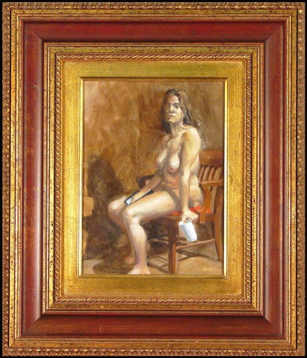 Stephen Douglas (b. 1949) Californian: Stephen Douglas (b. 1949) Californian SEATED NUDE WITH CUP, oil painting on wood, 11 x 8 ½", framed.