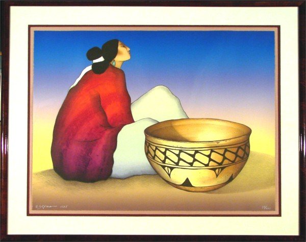 R. C. Gorman (1931-2005) Native American: R. C. Gorman (1931-2005) Native American SEATED WOMAN WITH BOWL, 1985, color screenprint, signed in pencil, from the numbered edition 200, sheet 26 x 35", artist's and publisher's blindstamp, framed w