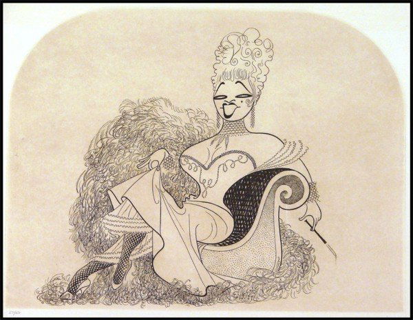 Al Hirschfeld (1903-2003) American: Al Hirschfeld (1903-2003) American MAE WEST, 1974, etching, signed in pencil, from the numbered edition 150, image 14 ½ x 19 ¼", full margins, artist's rubber stamp on verso, toning and some discolo