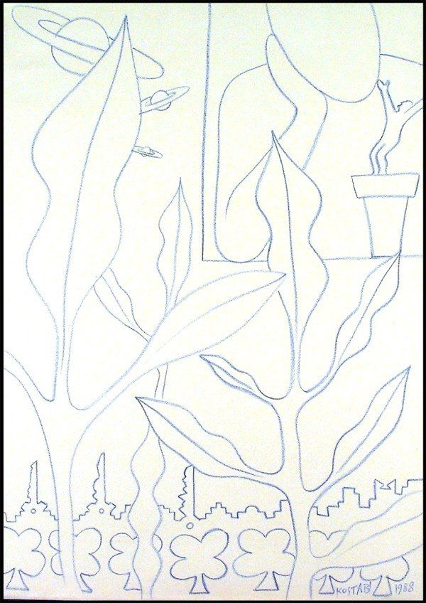 Mark Kostabi (b. 1960) American: Mark Kostabi (b. 1960) American SATURN STILL LIFE, 1988, color pencil drawing on paper, signed and dated lower right, 41 ½ x 29 ½", straight crease upper center, soft handling creases, otherwise in