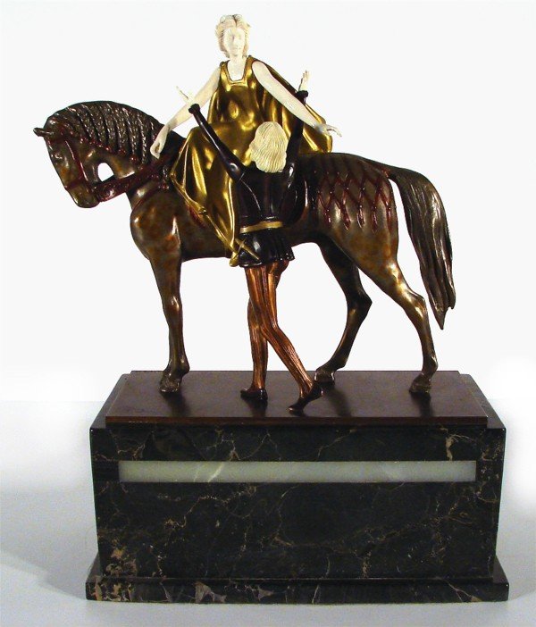 Otto Poertzel (1876-1963) German: Otto Poertzel (1876-1963) German ELEGANT COUPLE, cold-painted bronze sculpture with ivory parts, signed, 14 ¾" tall, mounted to a 6 ¾ x 15 ¾ x 8" marble base, overall height 21 ½", weight 72 pound