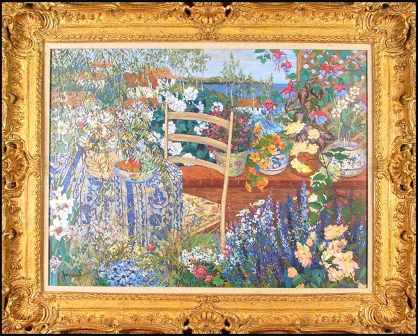 John Powell (b. 1930) American: John Powell (b. 1930) American BOUNTIFUL GARDEN, oil painting on canvas, signed lower left, 30 x 40", in elaborate frame.