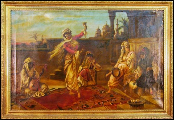 attributed to Jules Rame (1855-1927) French: attributed to Jules Rame (1855-1927) French ARABIC DANCER AND MUSICIANS, oil painting on canvas, signed lower left, 30 x 45", framed, flaking upper to lower right side, stretcher bar impressions, surf