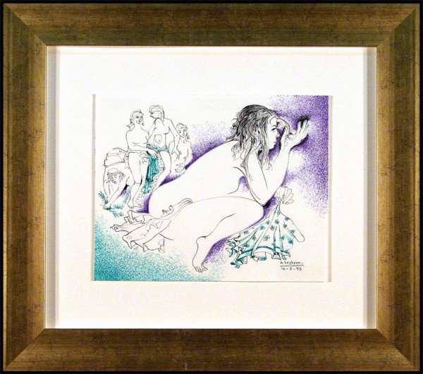 Houshang Seyhoun (b. 1920) Iranian: Houshang Seyhoun (b. 1920) Iranian NUDE, 1993, ink drawing on paper, signed and dated lower right, 11 x 13 ½", framed, small faint discoloration line upper center left, otherwise in good condition.