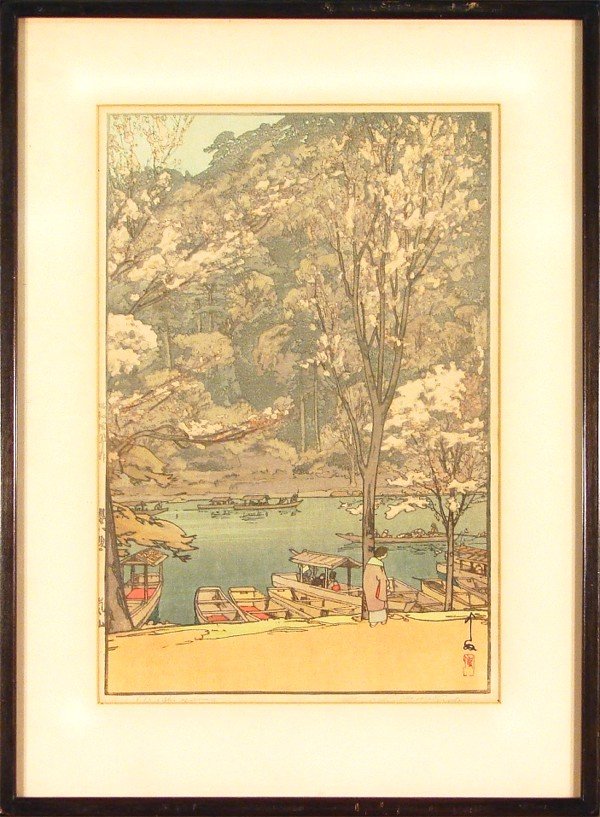 Hiroshi Yoshida (1876-1950) Japanese: Hiroshi Yoshida (1876-1950) Japanese ARASHIYAMA, 1935, color woodblock print, signed in pencil, character stamps lower right and lower left margins, image 14 ¾ x 9 ¾", full margins, framed with glas