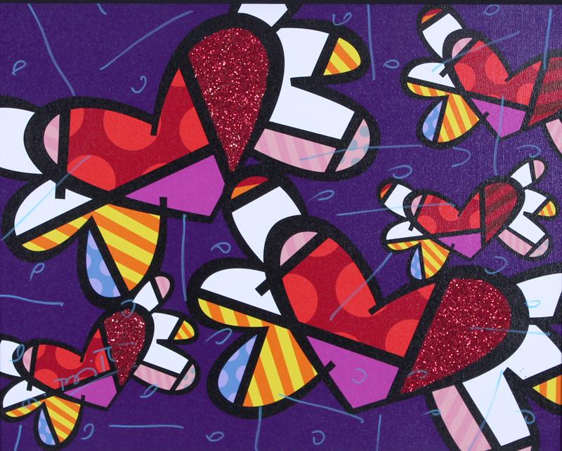 Romero Britto (b. 1963) Brazil: LOVE IS IN THE AIR, mixed media and color Giclee on canvas, signed lower left, with artist’s stamp on verso including titled and numbered 95/700 in pen, 16 x 20”, frame 23 x 27”.