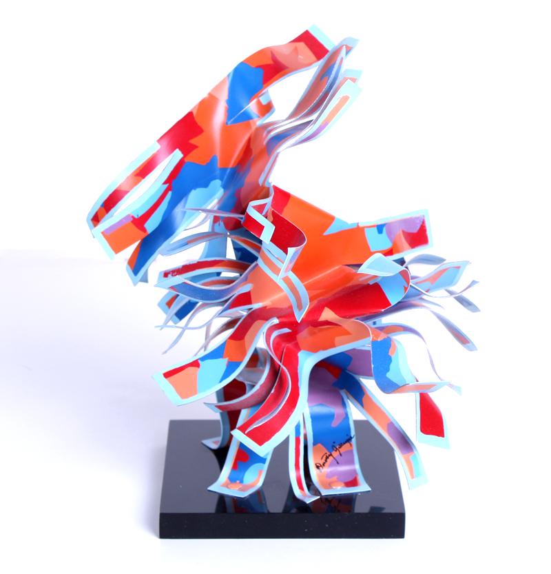 Dorothy Gillespie (1920-2012) American: UNTITLED, color screen-printed aluminum sheeting hand-cut and manipulated sculpture, in two parts: one resting atop of another that is mounted to a Plexiglas base, signed in ink, overall 8 x 7 ½ 