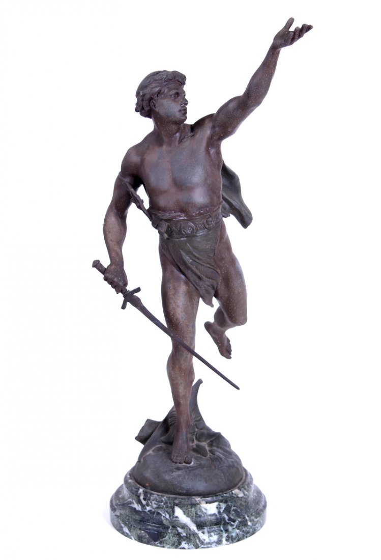 Emile Picault (1833-1915) French: VICTORIA, spelter sculpture, title and artist’s name in design, round marble base, overall 22 ¾ x 10 ½ x 10”. From the collection of Chevalier Tony Clark.