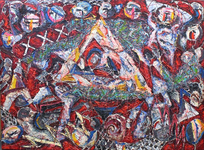 Don Sorenson (1948-1985) California: BULL RING (#284), 1984, impasto acrylic painting on canvas, signed and dated and titled on verso, 72 ¼ x 95 ½ x 2”. From the Stuart Lampert & Stephen Tomar Collection, Interior Designe