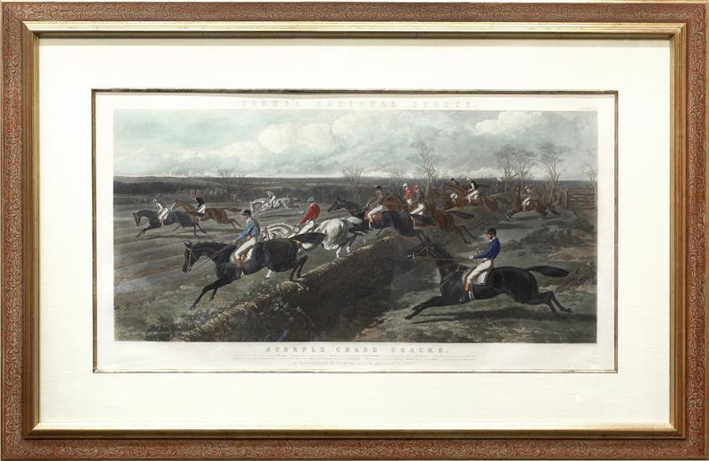 British Sporting Print (19th Century): FORES’S NATIONAL SPORTS: STEEPLE CHASE CRACKS, engraving by Charles Hunt after Herring, with hand-coloring, published by Fores in 1847, sight 24 ¼ x 44 ½”, frame 41 x 61” w