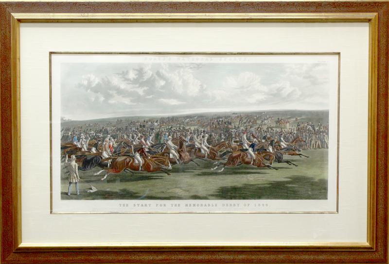 British Sporting Print (19th Century): FORES’S NATIONAL SPORTS: START OF THE MEMORABLE DERBY OF 1844, engraving by Charles Hunt after Herring, with hand-coloring, published by Fores in 1845, sight 24 ¼ x 44 ½”, frame