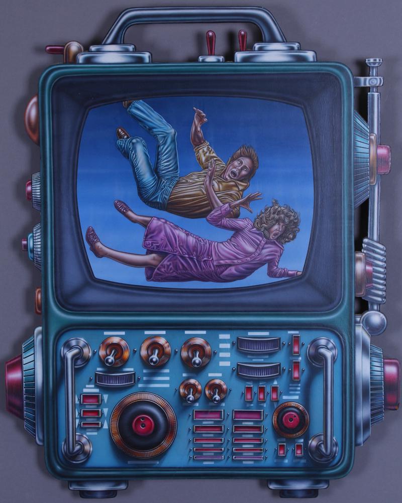 Lawrence Taugher (20th Century) American: FALLING INTO THE INEVITABLE, 1985, oil painting on cut Masonite, signed and dated and titled on verso, 24 x 19 ¼”. From the Stuart Lampert & Stephen Tomar Collection, Interior Designers for