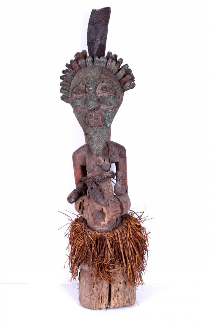Tribal Art: African Songe Fetish: FETISH, carved wood with metal, reed, horn and other appointments, 25 x 7 x 5”. From the estate of William Emboden to the collection of Chevalier Tony Clark.