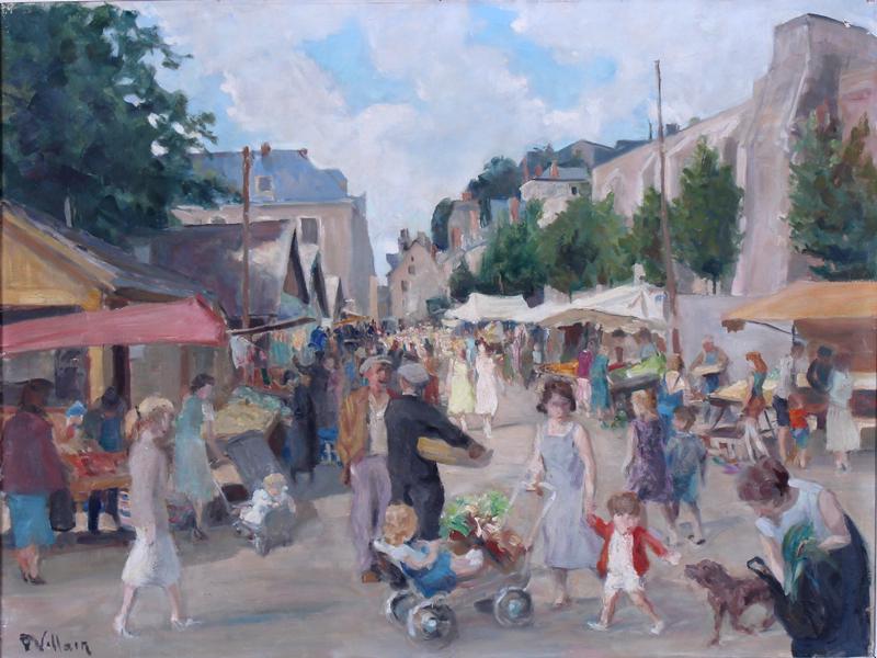Pierre Villain (1880-1950) French: MARCHE PLACE LOUIS XII, oil painting on Masonite, signed lower left, 18 x 24”, frame 24 ½ x 30 ½”.